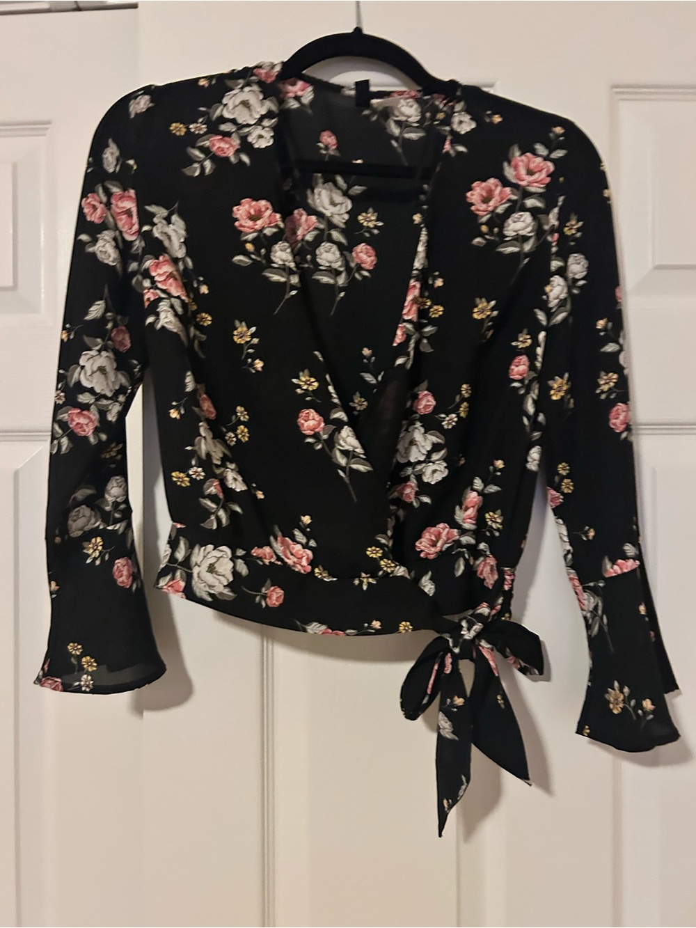 Divided Black Floral Wrap Blouse with Pink & White Roses